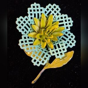 Vintage 1960s  Floral Brooch With Lattice Petals in Green and Chartreuse